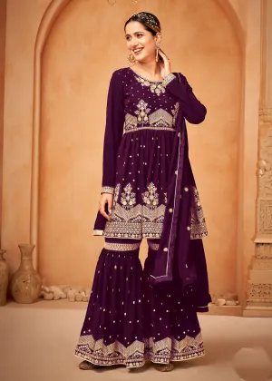 Awesome Purple Embroidered Wedding Festive Gharara Suit