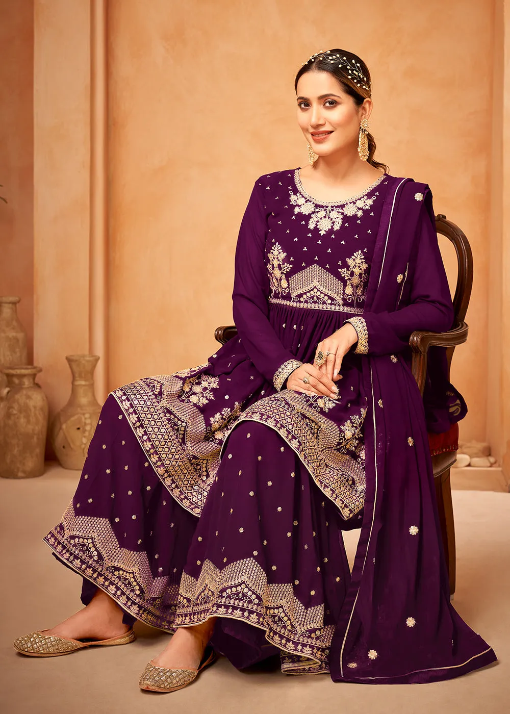 Awesome Purple Embroidered Wedding Festive Gharara Suit