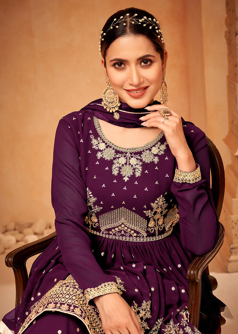 Awesome Purple Embroidered Wedding Festive Gharara Suit