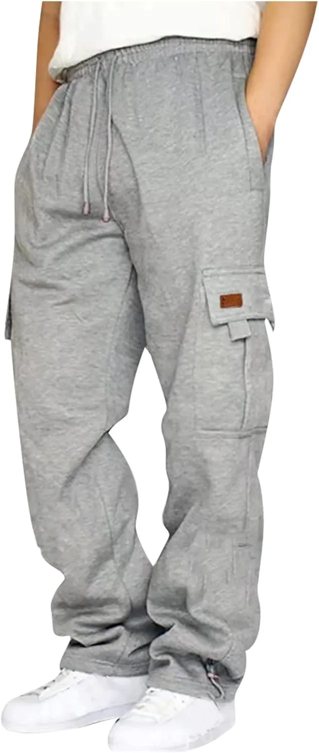 Baggy Cargo Pants Men Elastic Waist Open Bottom Sweatpants Loose Fit Lightweight Hiking Work Pants Multi Pockets