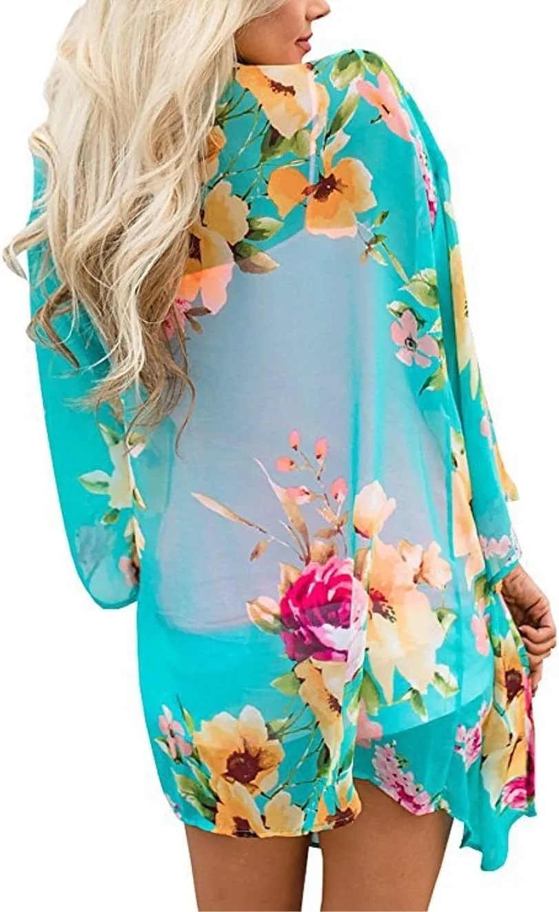 Barlver Women Floral Leaf Kimono Summer Cardigan Sheer Loose Half Sleeve Beach Shawl Chiffon Cover Up Casual Blouse Tops