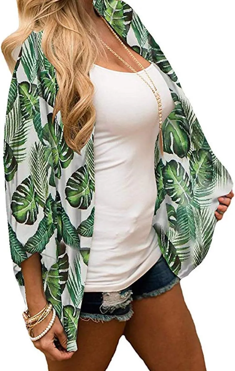 Barlver Women Floral Leaf Kimono Summer Cardigan Sheer Loose Half Sleeve Beach Shawl Chiffon Cover Up Casual Blouse Tops