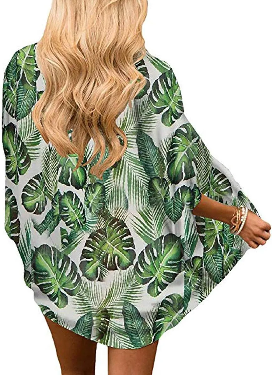 Barlver Women Floral Leaf Kimono Summer Cardigan Sheer Loose Half Sleeve Beach Shawl Chiffon Cover Up Casual Blouse Tops