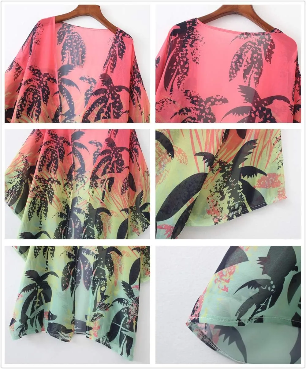 Barlver Women Floral Leaf Kimono Summer Cardigan Sheer Loose Half Sleeve Beach Shawl Chiffon Cover Up Casual Blouse Tops