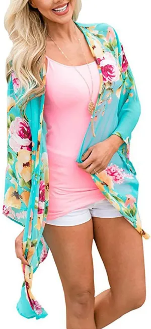 Barlver Women Floral Leaf Kimono Summer Cardigan Sheer Loose Half Sleeve Beach Shawl Chiffon Cover Up Casual Blouse Tops