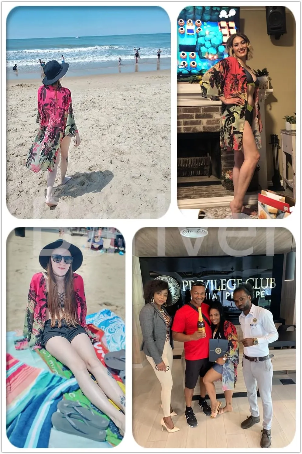 Barlver Women Floral Leaf Kimono Summer Cardigan Sheer Loose Half Sleeve Beach Shawl Chiffon Cover Up Casual Blouse Tops