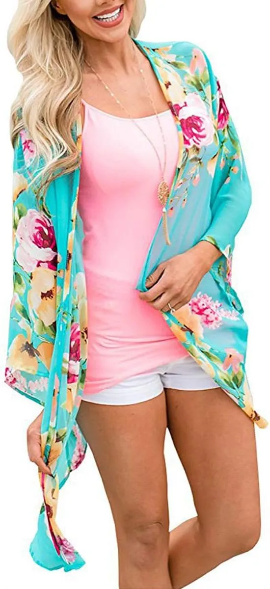 Barlver Women Floral Leaf Kimono Summer Cardigan Sheer Loose Half Sleeve Beach Shawl Chiffon Cover Up Casual Blouse Tops