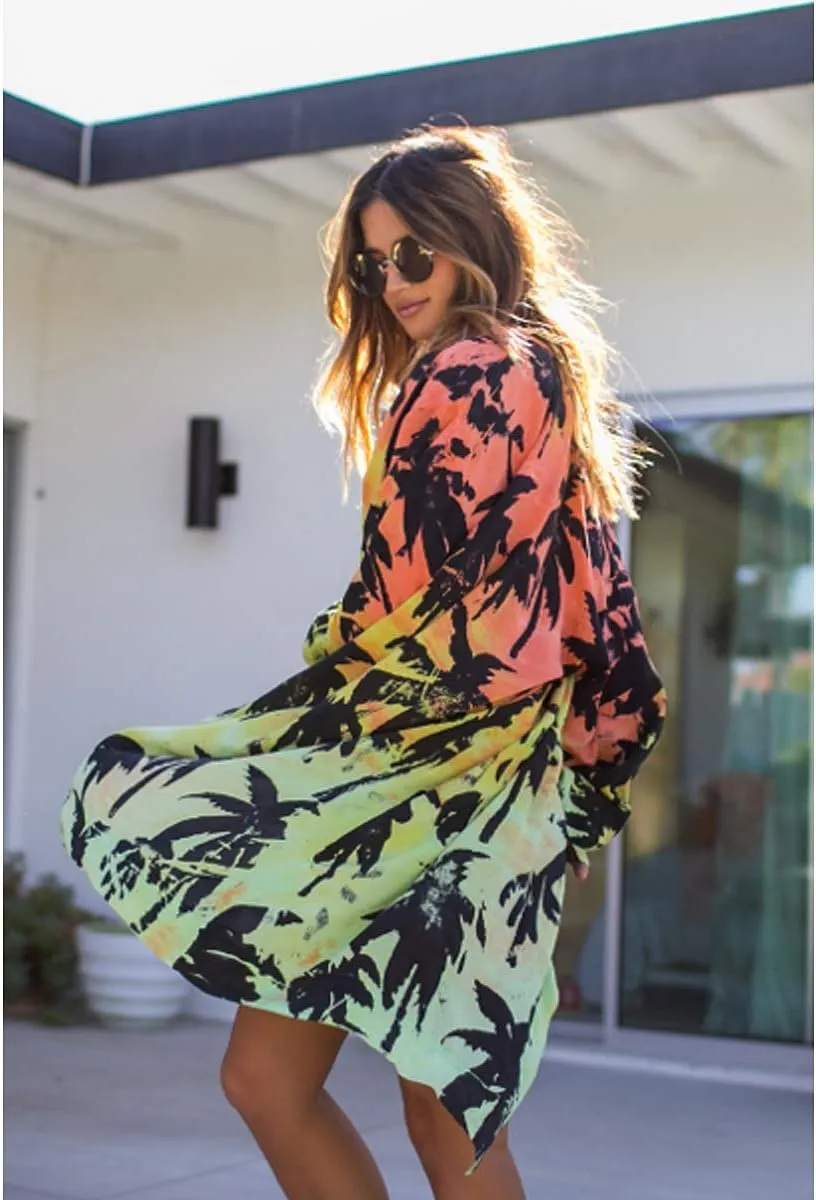Barlver Women Floral Leaf Kimono Summer Cardigan Sheer Loose Half Sleeve Beach Shawl Chiffon Cover Up Casual Blouse Tops