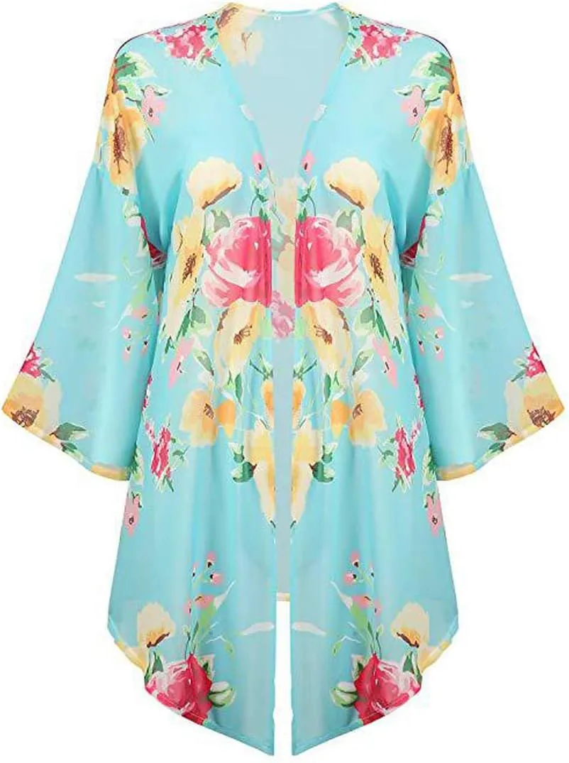 Barlver Women Floral Leaf Kimono Summer Cardigan Sheer Loose Half Sleeve Beach Shawl Chiffon Cover Up Casual Blouse Tops