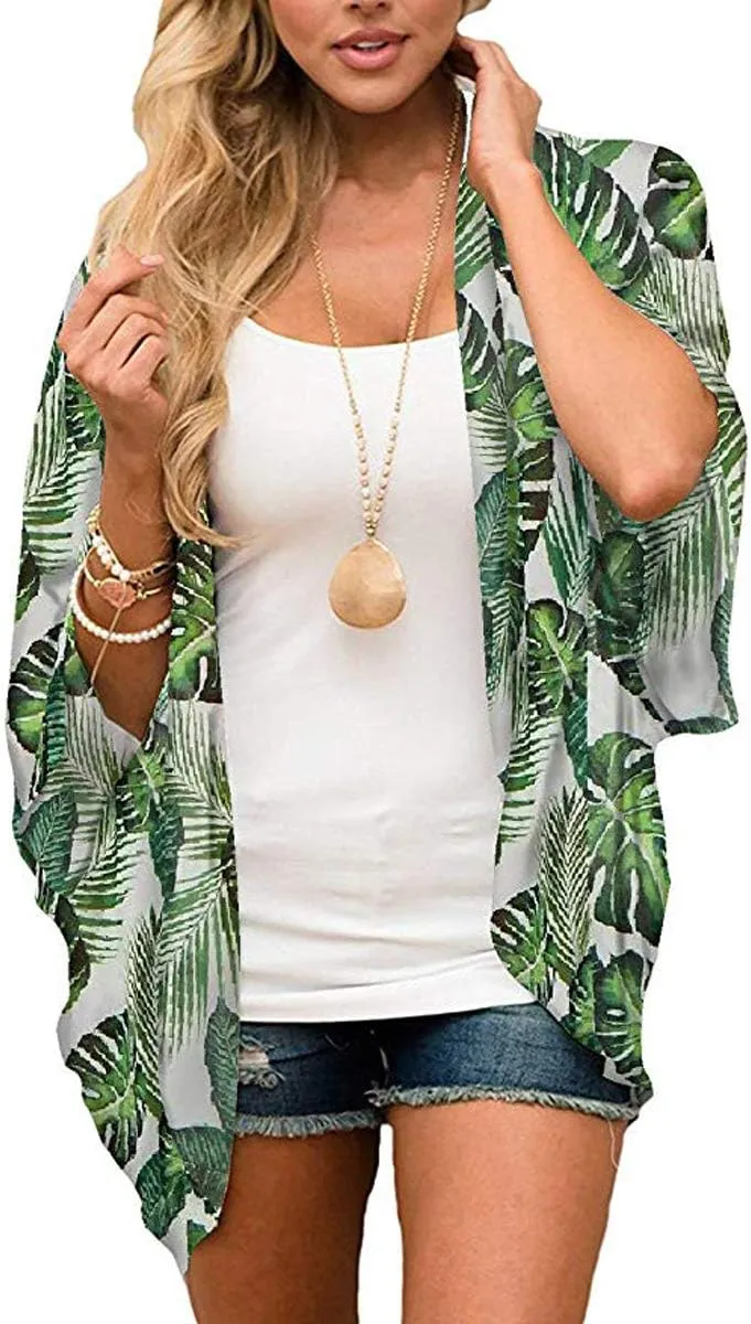 Barlver Women Floral Leaf Kimono Summer Cardigan Sheer Loose Half Sleeve Beach Shawl Chiffon Cover Up Casual Blouse Tops