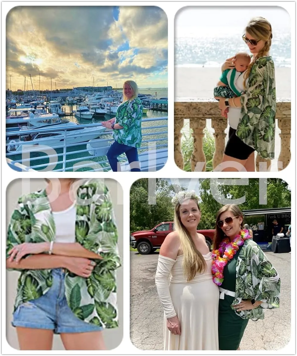 Barlver Women Floral Leaf Kimono Summer Cardigan Sheer Loose Half Sleeve Beach Shawl Chiffon Cover Up Casual Blouse Tops