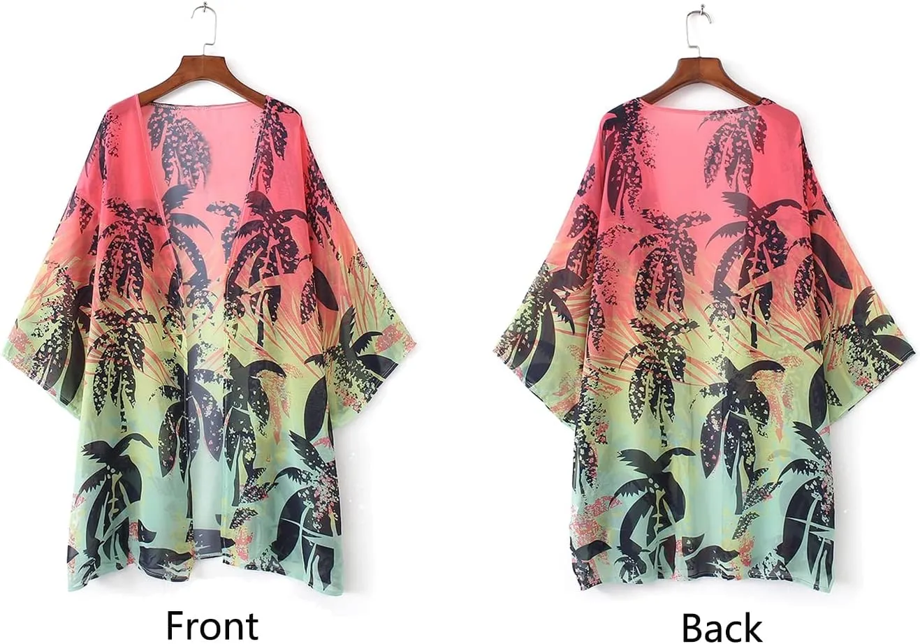 Barlver Women Floral Leaf Kimono Summer Cardigan Sheer Loose Half Sleeve Beach Shawl Chiffon Cover Up Casual Blouse Tops
