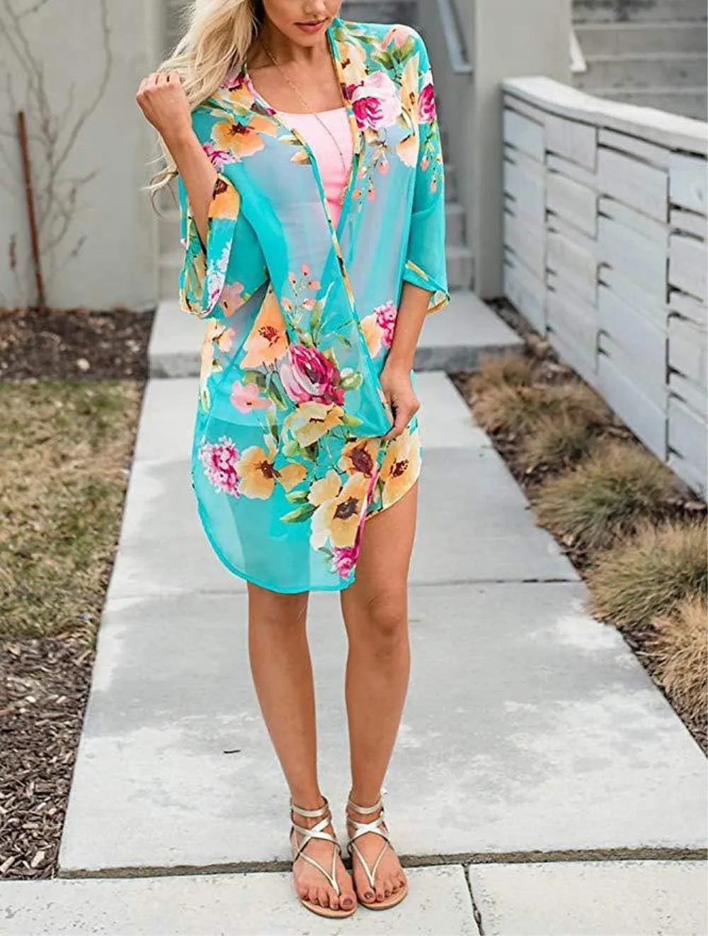 Barlver Women Floral Leaf Kimono Summer Cardigan Sheer Loose Half Sleeve Beach Shawl Chiffon Cover Up Casual Blouse Tops
