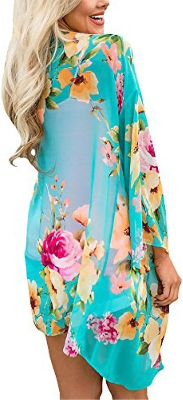 Barlver Women Floral Leaf Kimono Summer Cardigan Sheer Loose Half Sleeve Beach Shawl Chiffon Cover Up Casual Blouse Tops