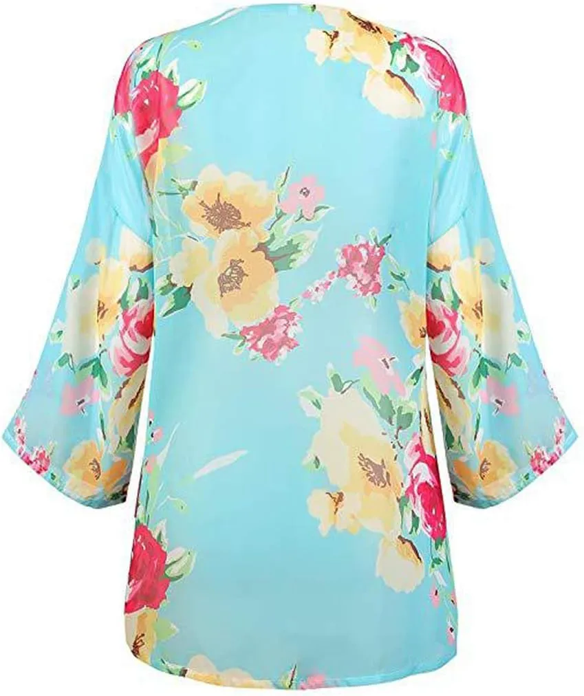 Barlver Women Floral Leaf Kimono Summer Cardigan Sheer Loose Half Sleeve Beach Shawl Chiffon Cover Up Casual Blouse Tops