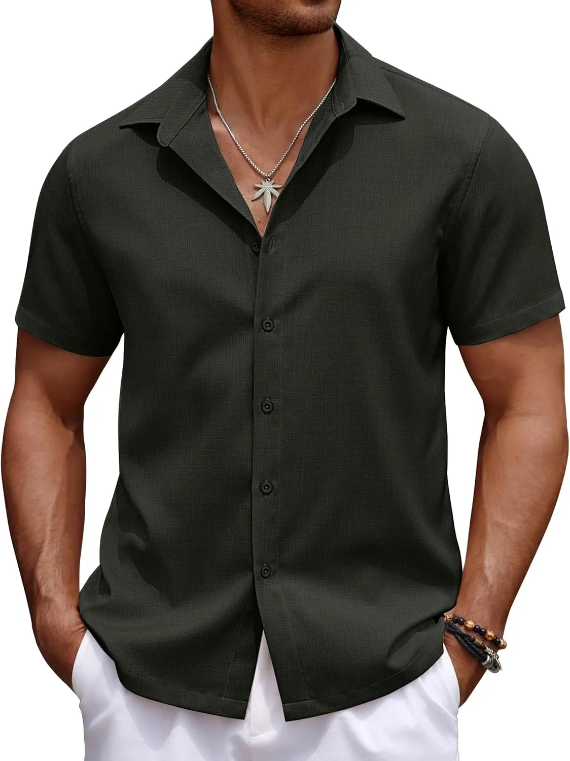 COOFANDY Mens Casual Summer Beach Shirt Button Down Short Sleeve Shirts Vacation Shirt Cotton Linen Shirts