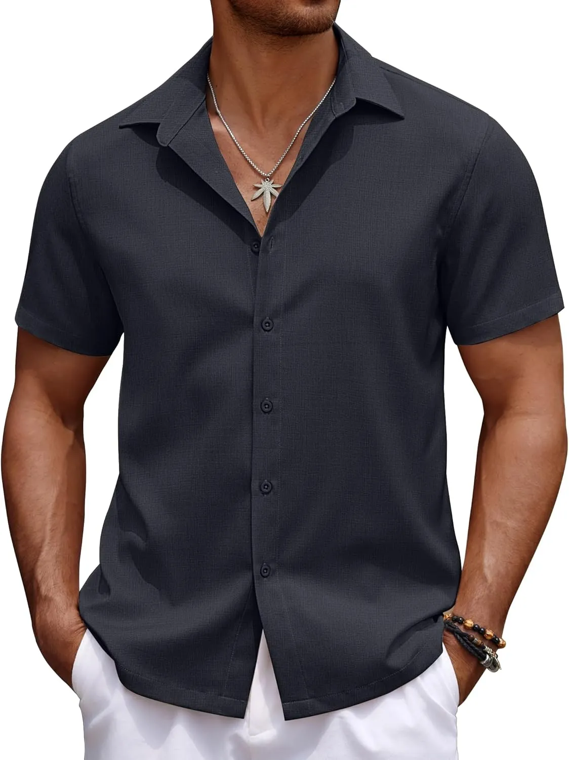 COOFANDY Mens Casual Summer Beach Shirt Button Down Short Sleeve Shirts Vacation Shirt Cotton Linen Shirts