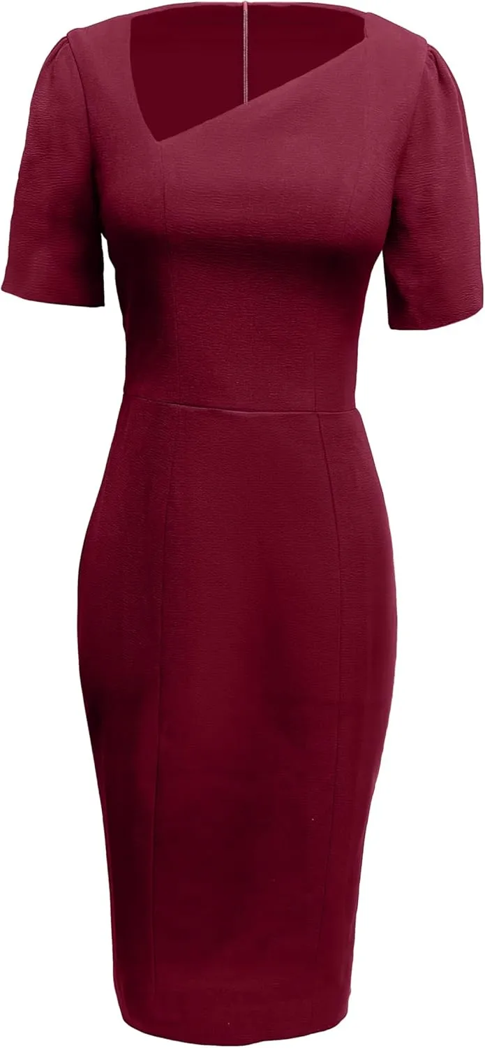 Dress the Population Women's Ruth Short Puff Sleeves Asymmetrical Neckline Bodycon Midi Dress