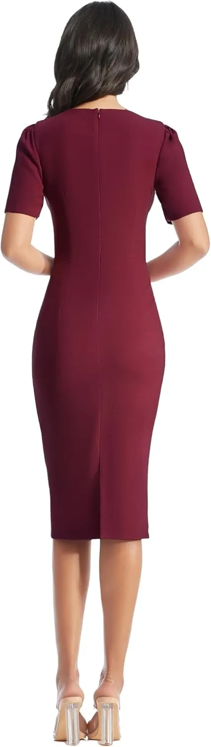 Dress the Population Women's Ruth Short Puff Sleeves Asymmetrical Neckline Bodycon Midi Dress