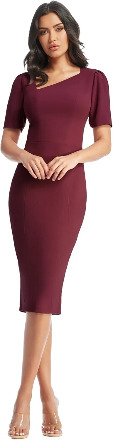 Dress the Population Women's Ruth Short Puff Sleeves Asymmetrical Neckline Bodycon Midi Dress