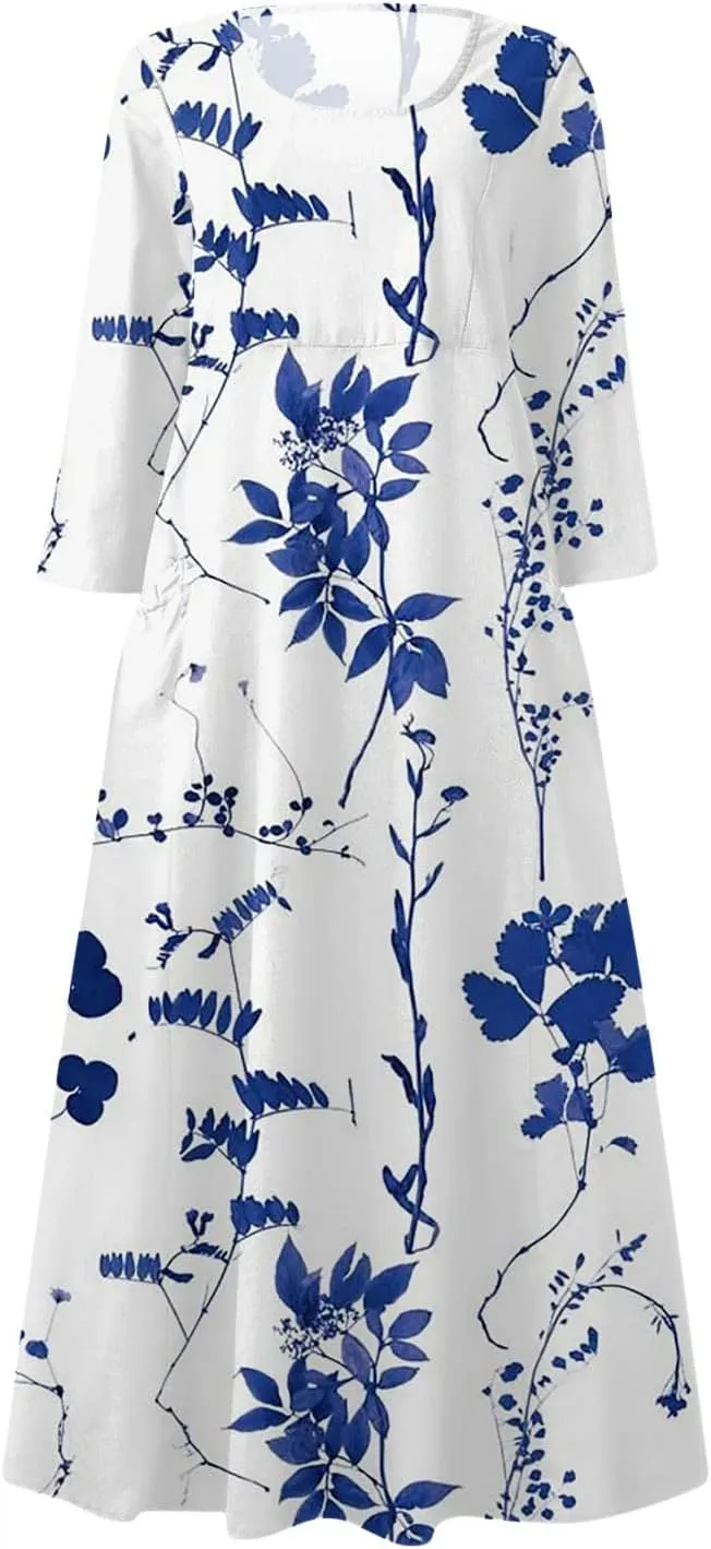 Dress Women Long Womens Boho Floral Print Loose Fit Casual Summer 3/4 Sleeve Crewneck Long Dress with Pockets