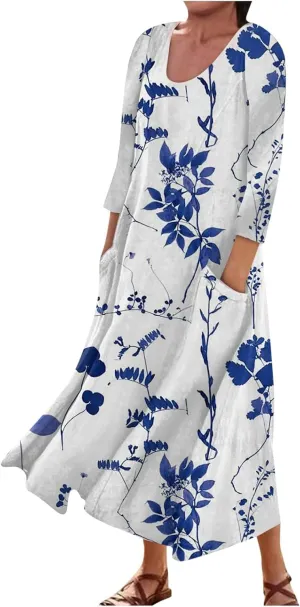 Dress Women Long Womens Boho Floral Print Loose Fit Casual Summer 3/4 Sleeve Crewneck Long Dress with Pockets