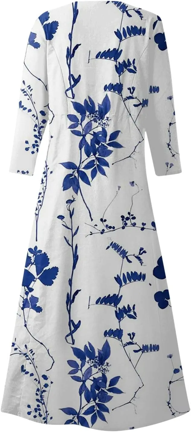 Dress Women Long Womens Boho Floral Print Loose Fit Casual Summer 3/4 Sleeve Crewneck Long Dress with Pockets