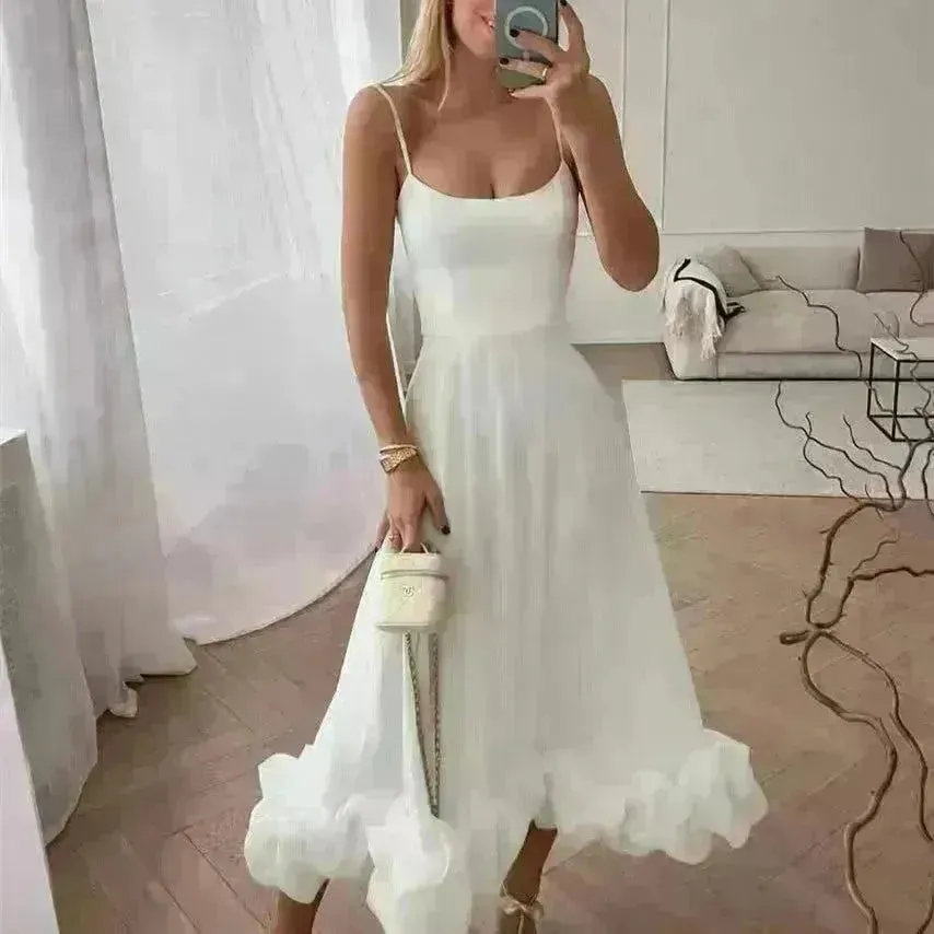 Fashion Suspenders Large Flower Swing Three-dimensional Flower A- Line Skater Dress Womens Clothing
