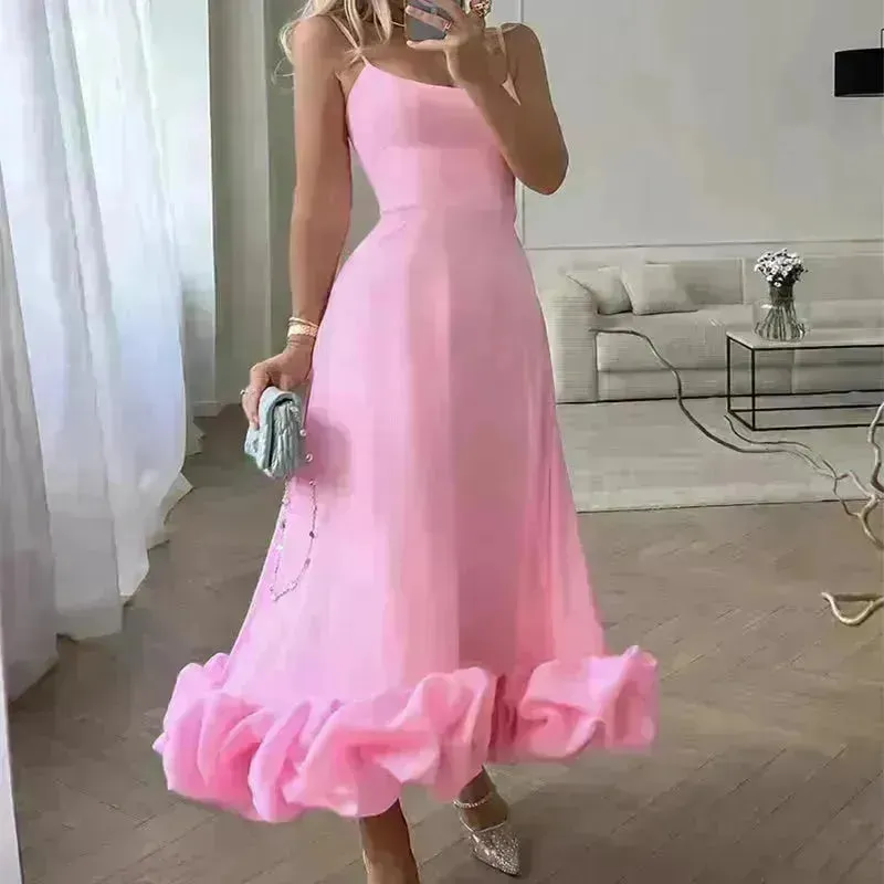 Fashion Suspenders Large Flower Swing Three-dimensional Flower A- Line Skater Dress Womens Clothing