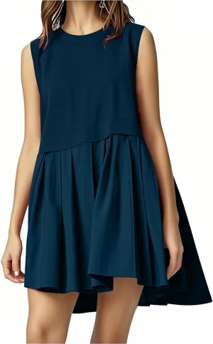 FP Dupe Babydoll Dress for Women Ruffle Pleated Tunic Dress Sleeveless Crew Neck Tank Dresses Loose Fit Clothes