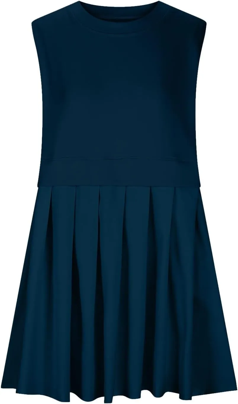 FP Dupe Babydoll Dress for Women Ruffle Pleated Tunic Dress Sleeveless Crew Neck Tank Dresses Loose Fit Clothes