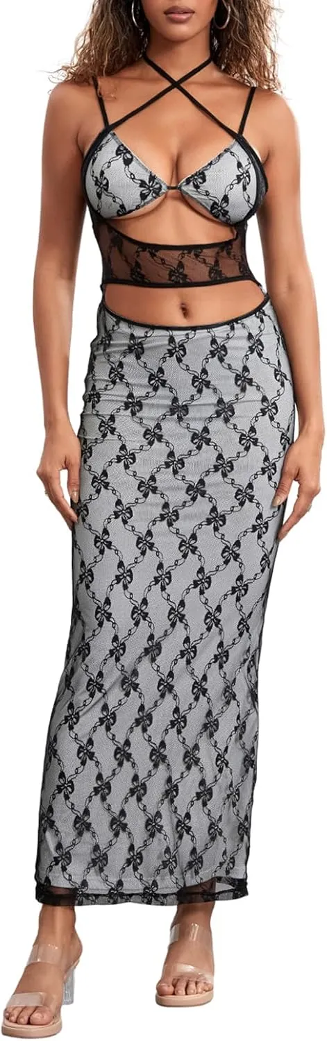 IMISSILLEB Women Backless Bodycon Maxi Dress Spaghetti Straps Floral Lace Slip Long Dress 2024 Elegant Cocktail Dress