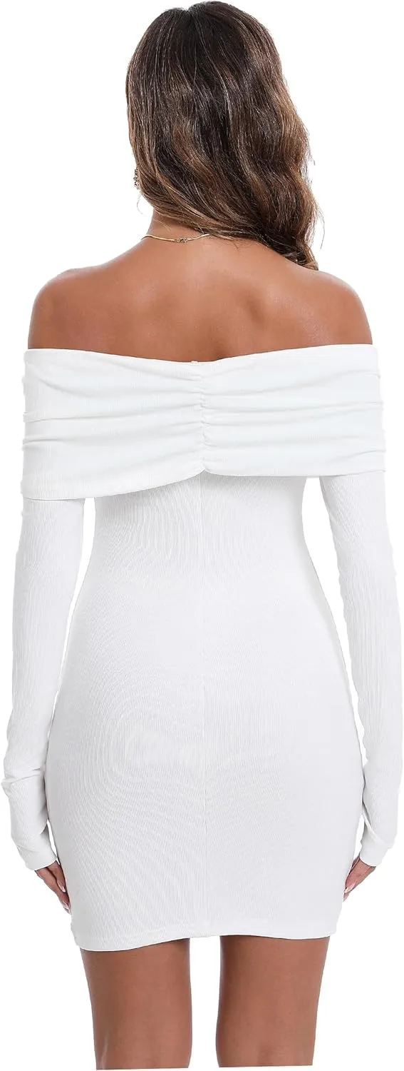JLCNCUE Womens Off The Shoulder Long Sleeves Bodycon Mini Dress Elegant Ribbed Knit Club Party Short Fitted Dresses 347
