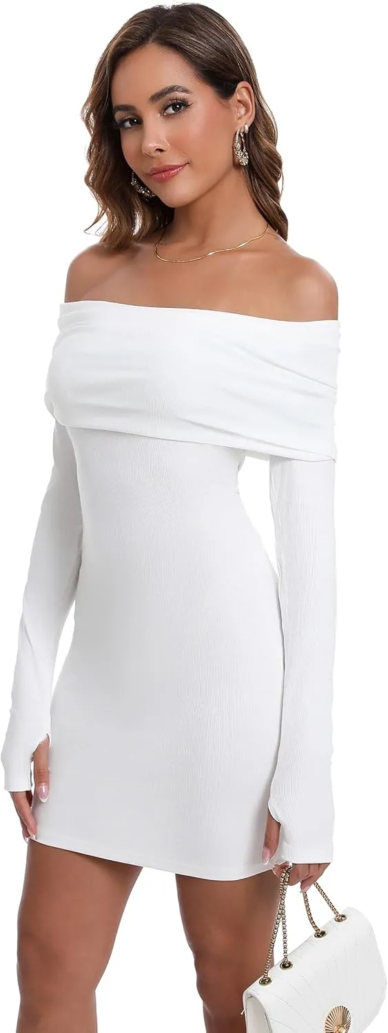 JLCNCUE Womens Off The Shoulder Long Sleeves Bodycon Mini Dress Elegant Ribbed Knit Club Party Short Fitted Dresses 347