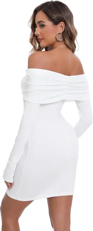 JLCNCUE Womens Off The Shoulder Long Sleeves Bodycon Mini Dress Elegant Ribbed Knit Club Party Short Fitted Dresses 347