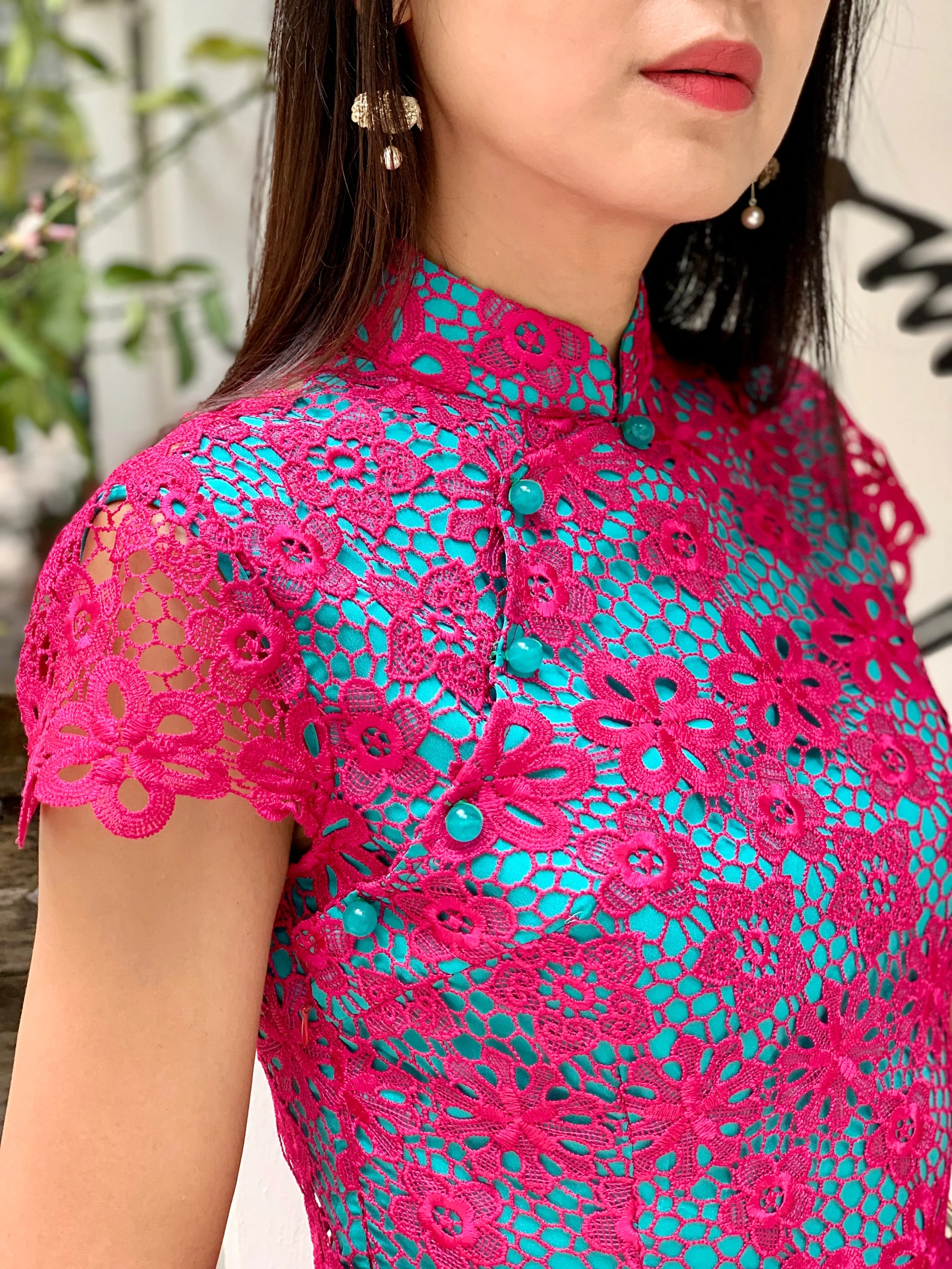 MARTHA Floral Lace Long Cheongsam (Fuchsia/ Aqua)