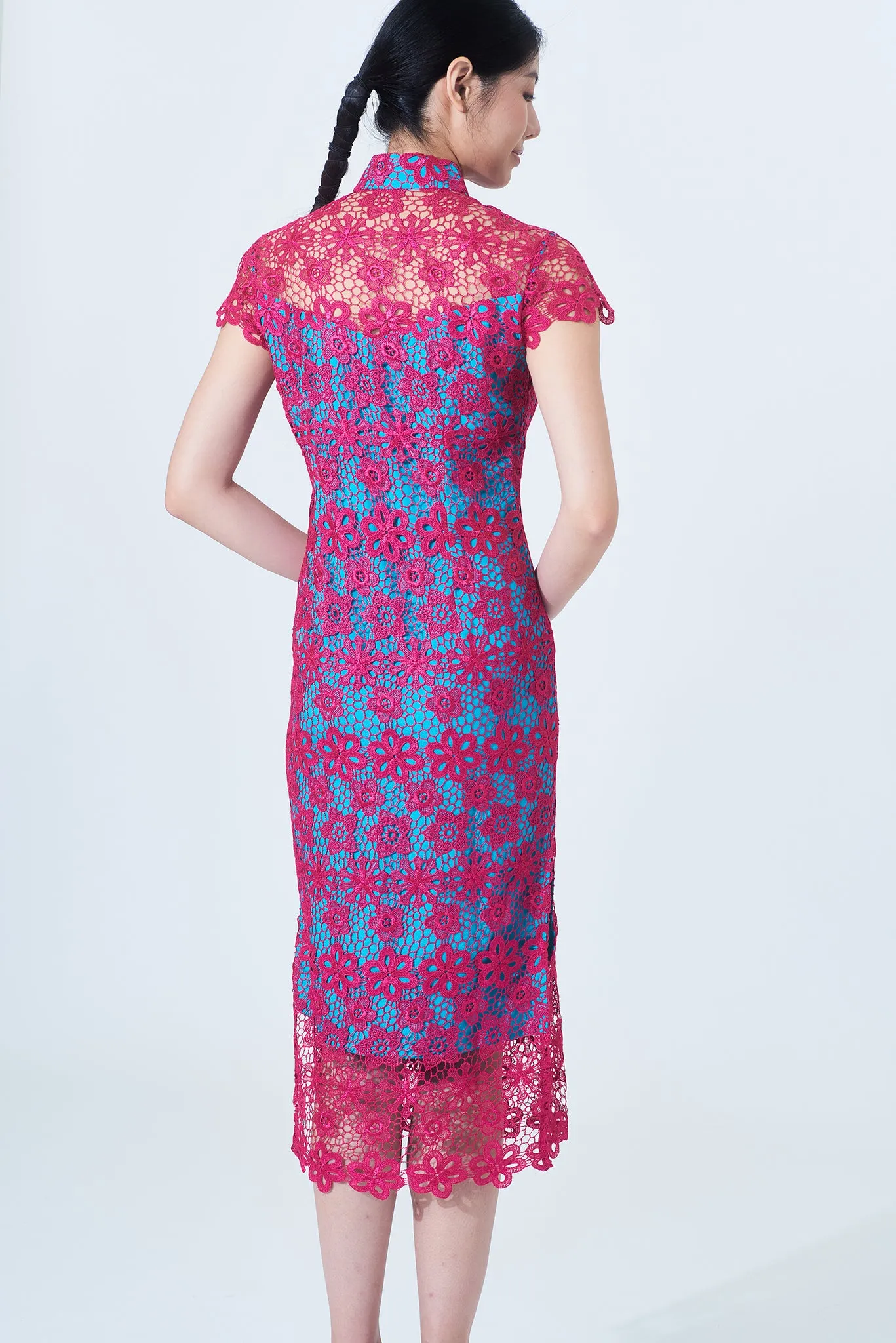 MARTHA Floral Lace Long Cheongsam (Fuchsia/ Aqua)