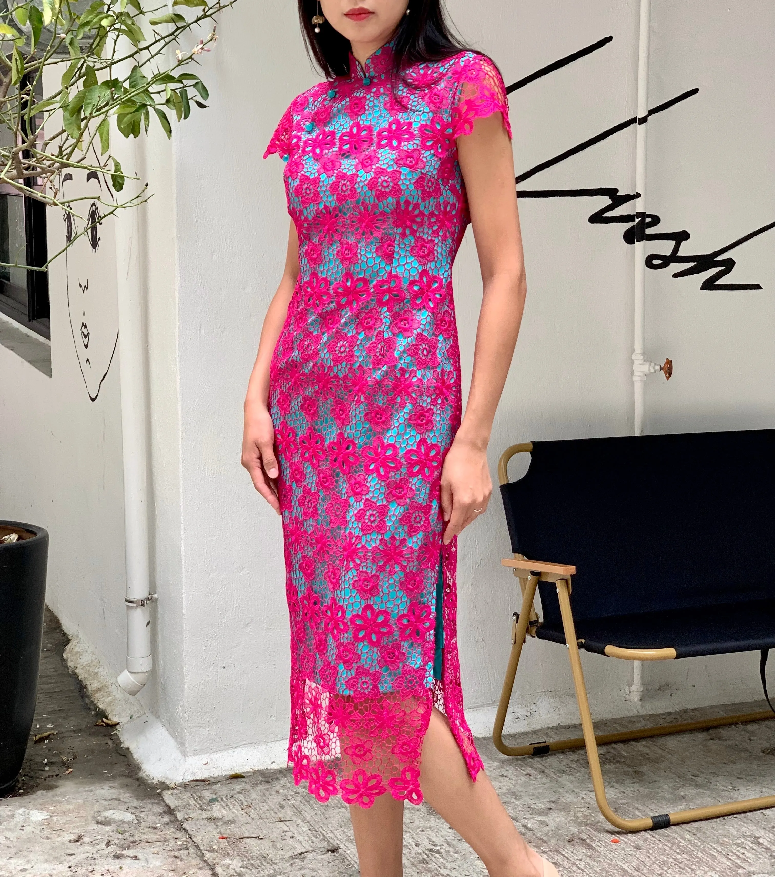 MARTHA Floral Lace Long Cheongsam (Fuchsia/ Aqua)