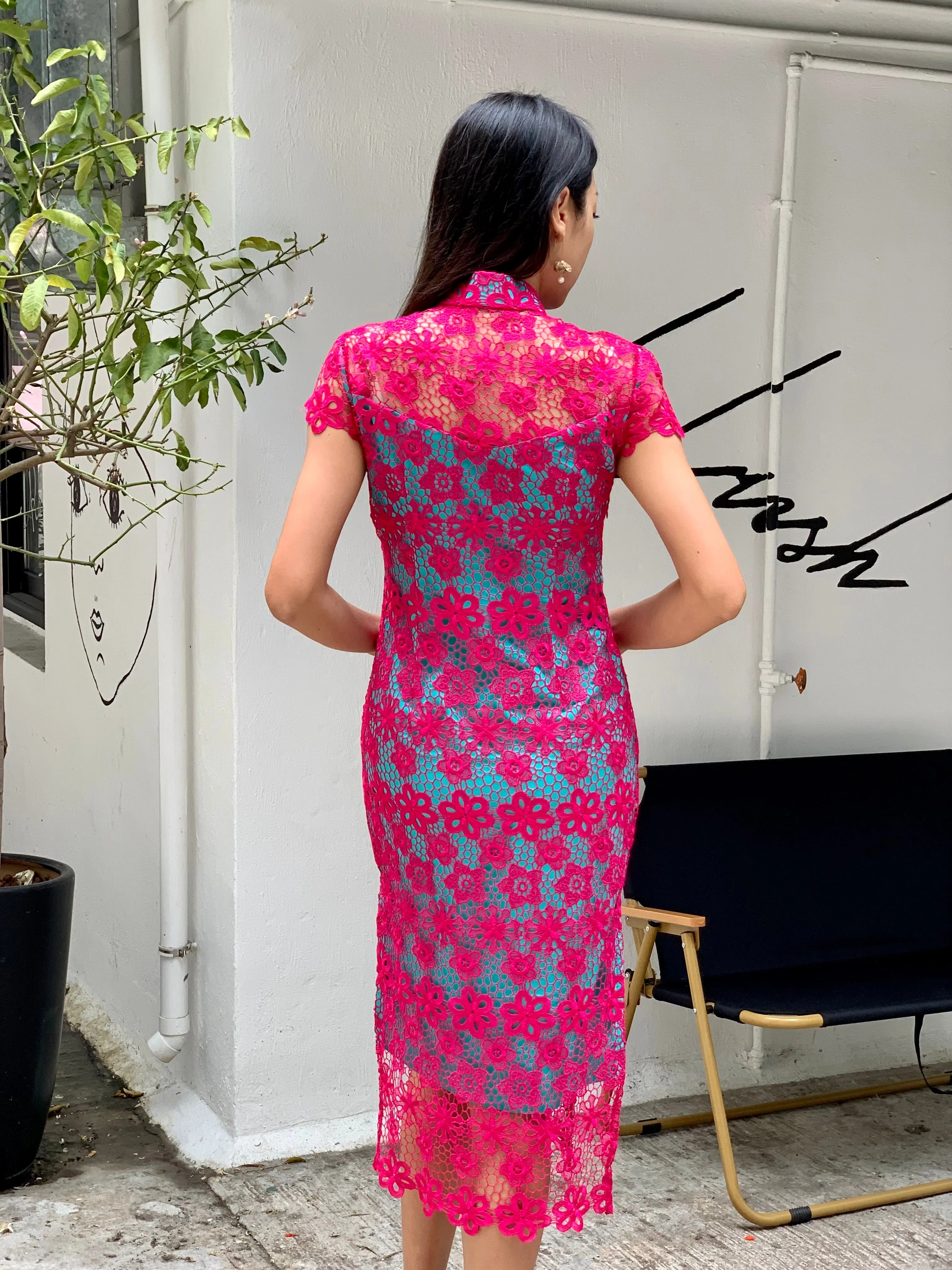 MARTHA Floral Lace Long Cheongsam (Fuchsia/ Aqua)
