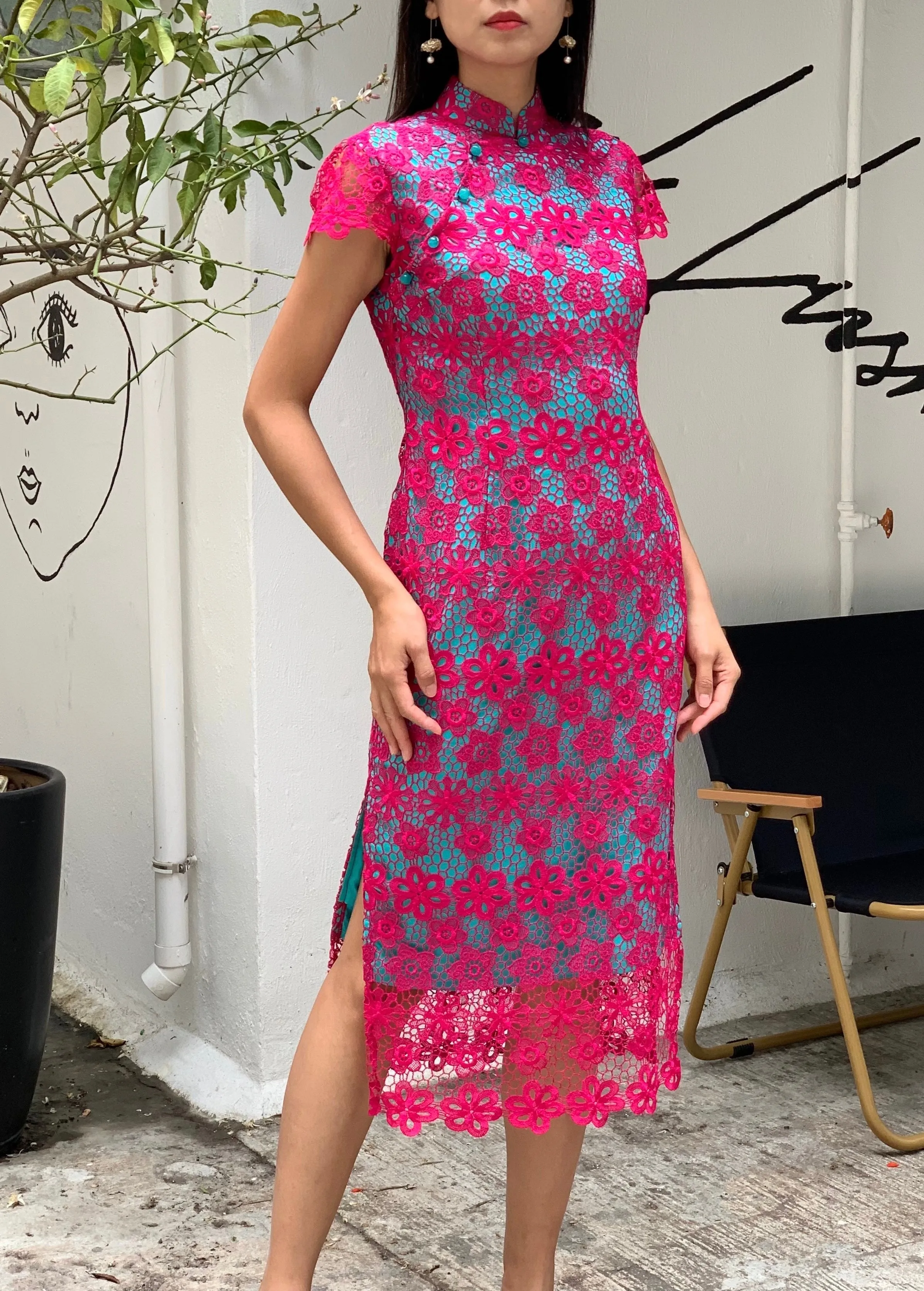 MARTHA Floral Lace Long Cheongsam (Fuchsia/ Aqua)