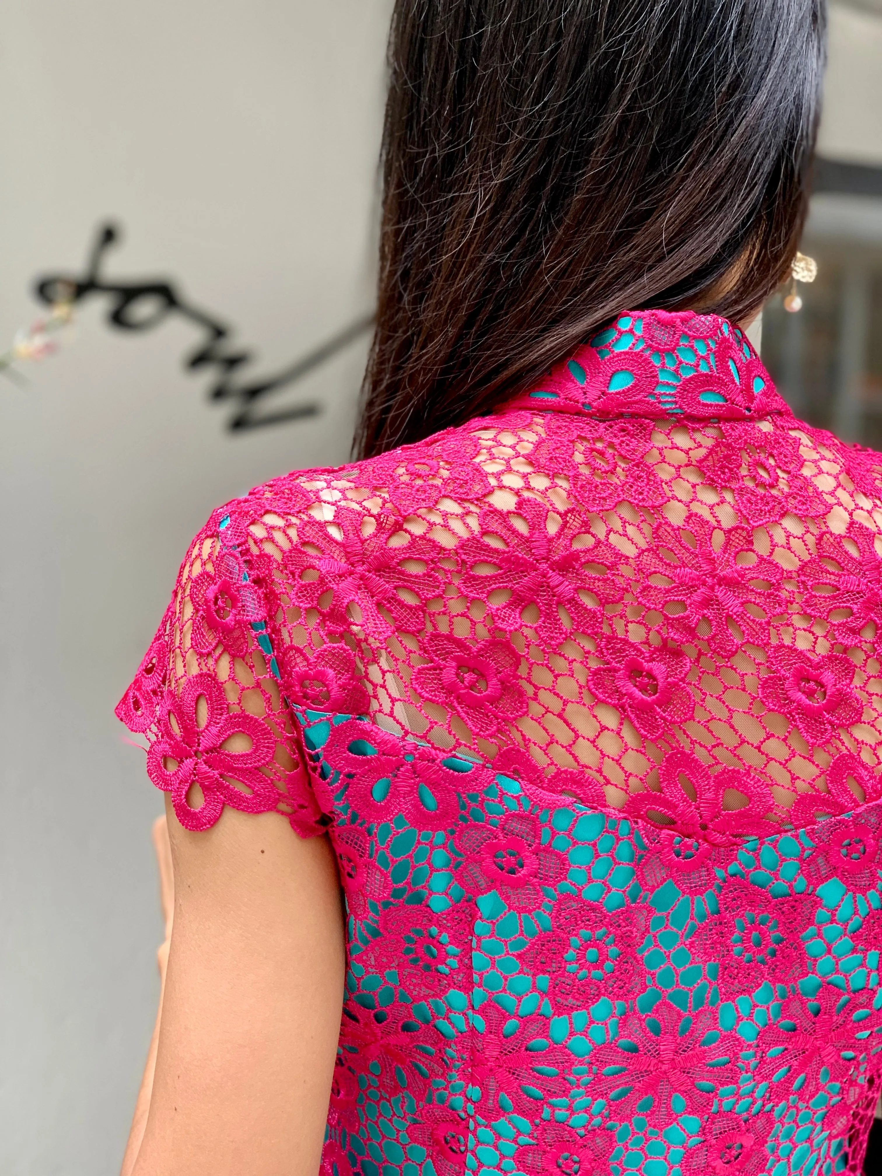 MARTHA Floral Lace Long Cheongsam (Fuchsia/ Aqua)