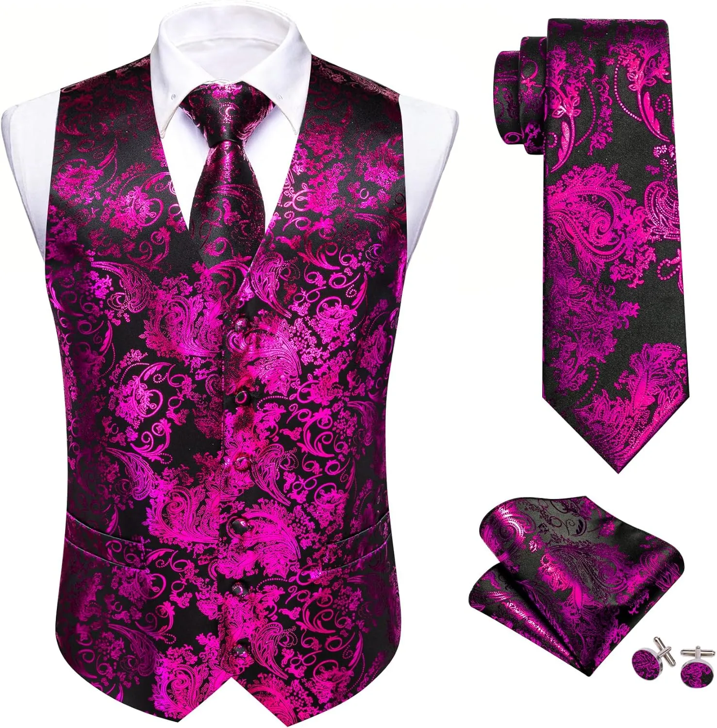 Mens Vest Tie Set Shiny Paisley V-neck Floral Waistcoat Necktie Hanky Pin Clip Cufflinks Tuxedo Casual Disco Party