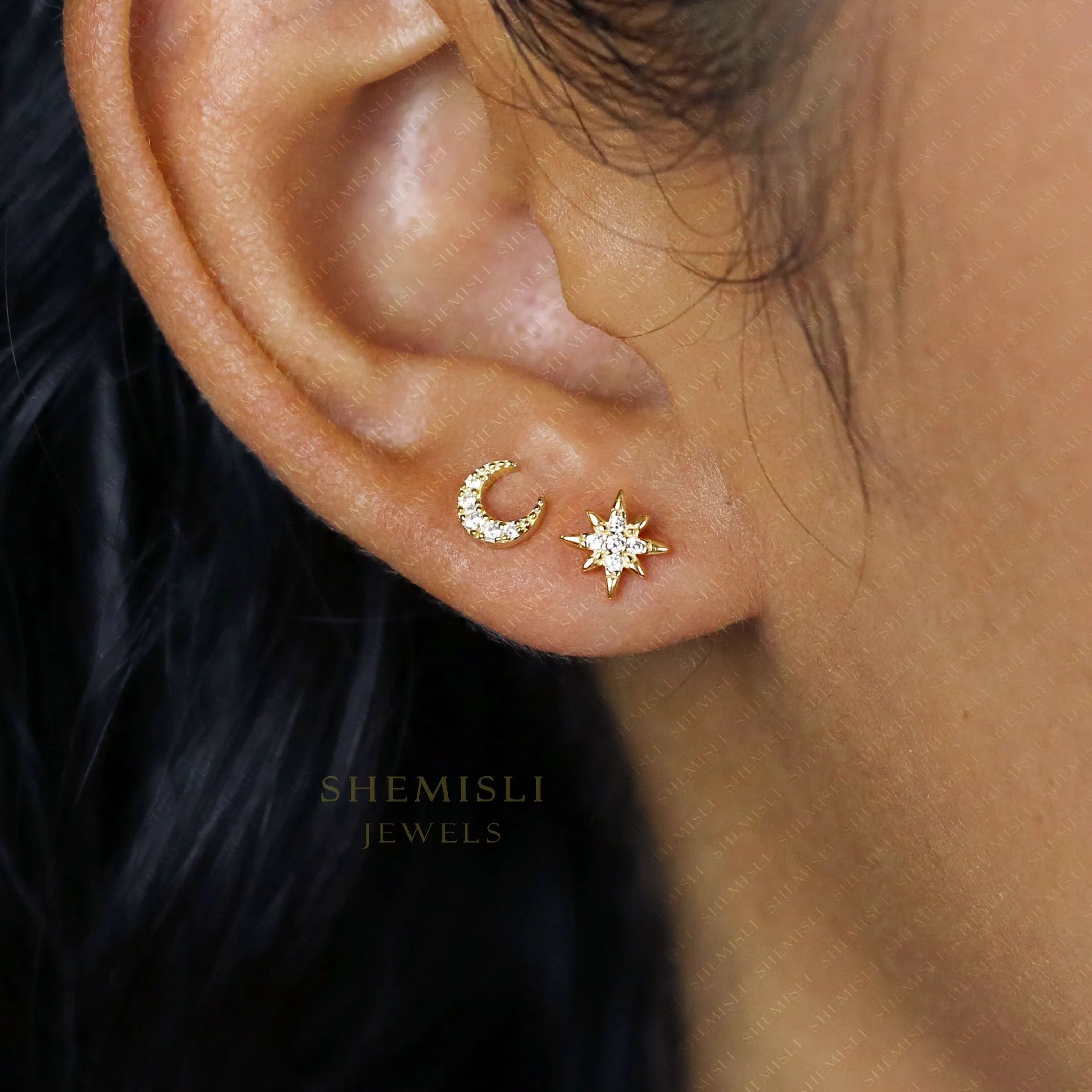 Moon and Star Earrings, Mismatched Celestial Studs, Unisex, Gold, Silver SS035 SS036 Butterfly End, SS351 SS352 Screw Ball End (Type A)