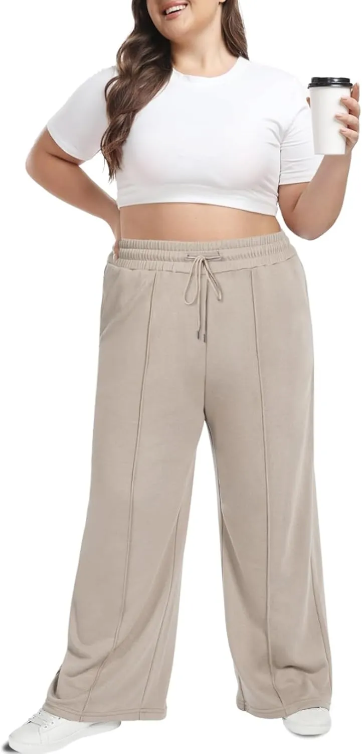 Moon Wood Women's Plus Size Sweatpants High Waisted Straight Wide Leg Casual Pants Baggy Lounge Pants with Pockets