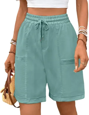 Oymyakon Women's Casual Cotton Shorts Summer Drawstring Elastic Waist Beach Shorts Comfy Pull On Shorts with Pockets