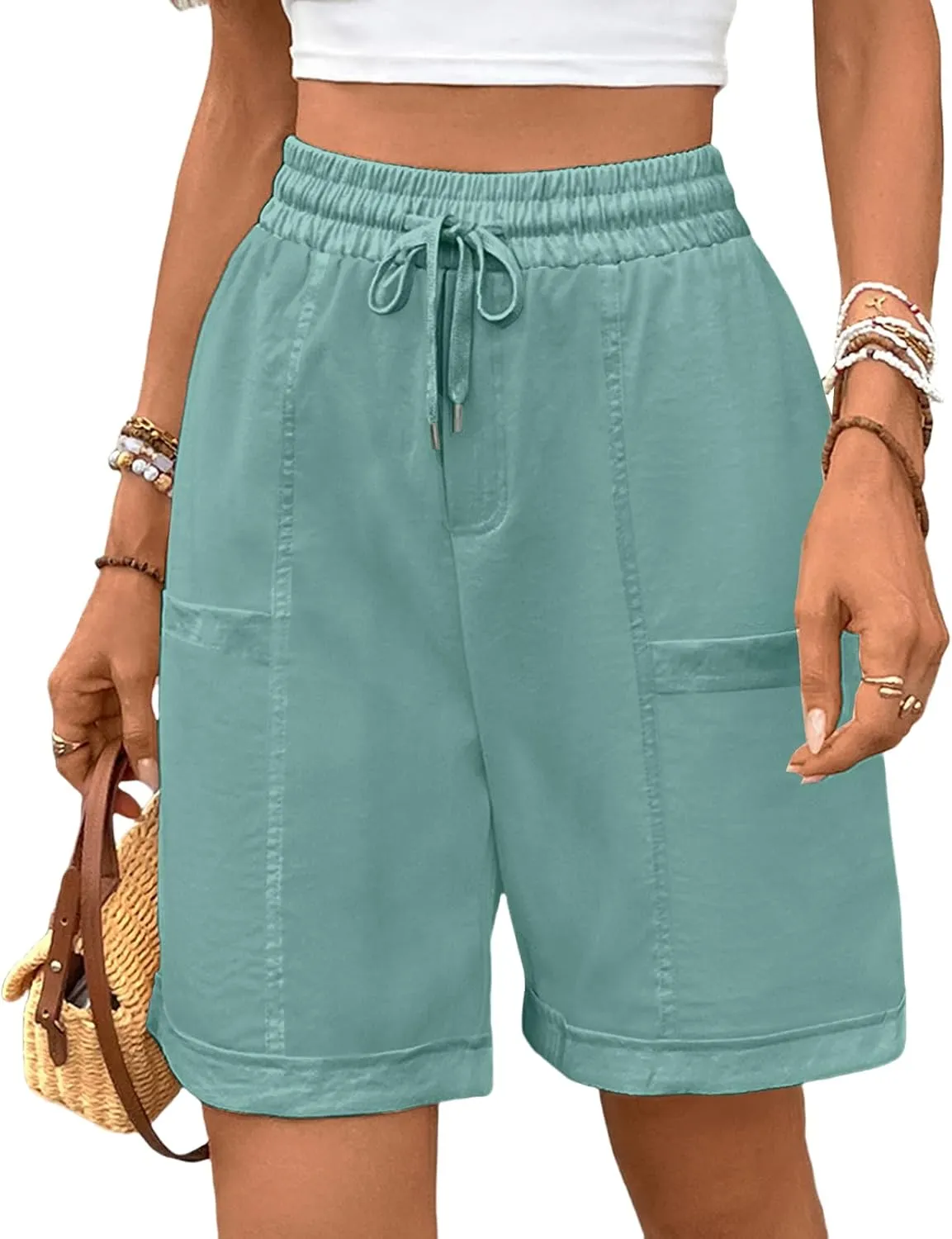 Oymyakon Women's Casual Cotton Shorts Summer Drawstring Elastic Waist Beach Shorts Comfy Pull On Shorts with Pockets