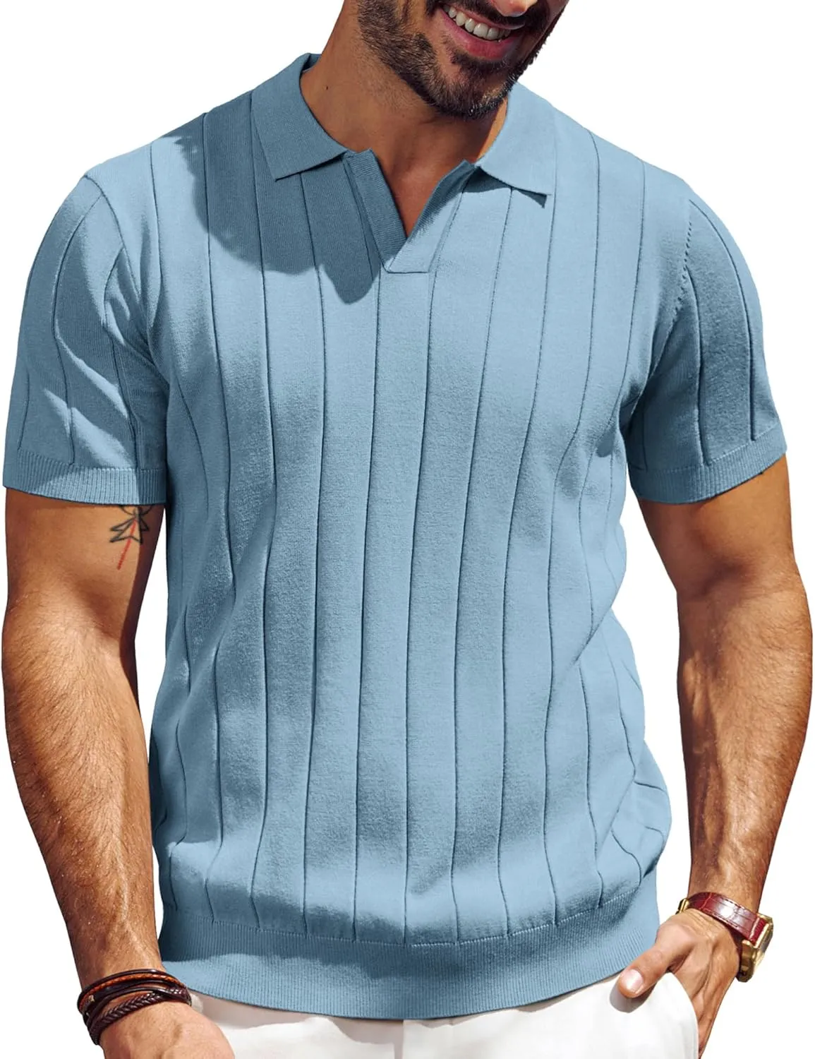 PJ PAUL JONES Men's Polo Shirt V Neck Texture Shirt Short Sleeve Casual Knit Polos