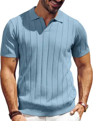 PJ PAUL JONES Men's Polo Shirt V Neck Texture Shirt Short Sleeve Casual Knit Polos