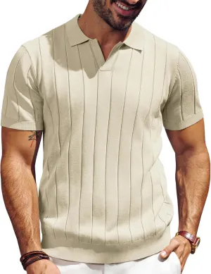 PJ PAUL JONES Men's Polo Shirt V Neck Texture Shirt Short Sleeve Casual Knit Polos