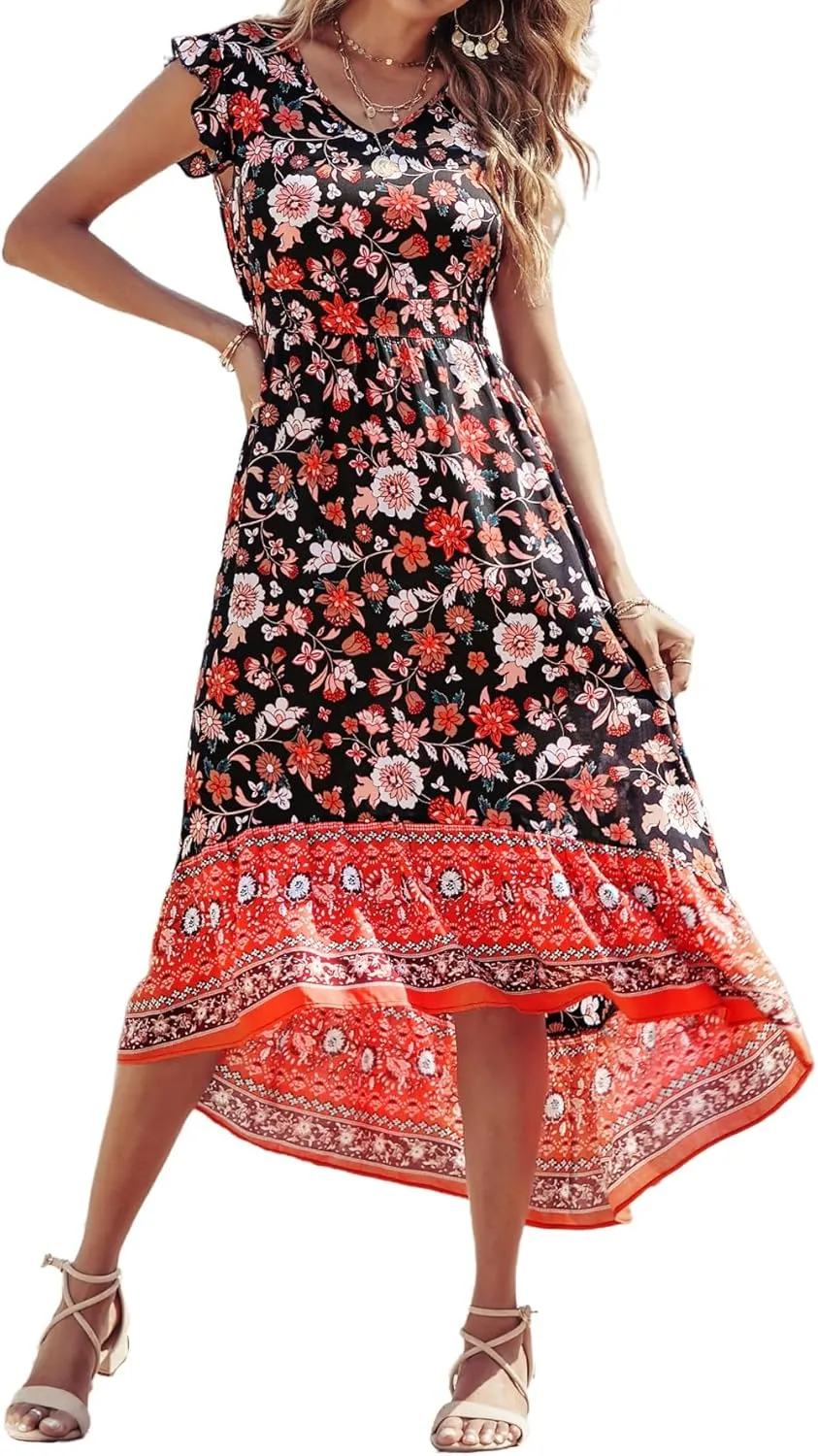 PRETTYGARDEN Women's Summer Maxi Dress Casual Floral V Neck Cap Sleeves Boho High Low Flowy Midi Long Sun Dresses